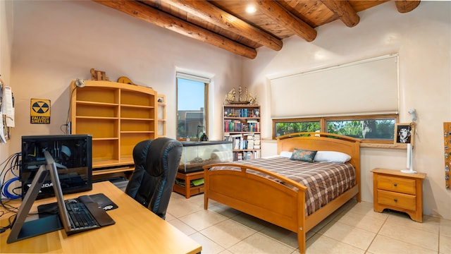 tiled bedroom featuring wood ceiling, beamed ceiling, and multiple windows