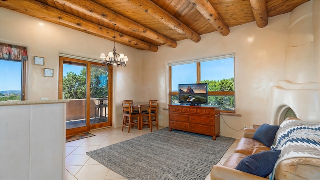 tiled living room with wood ceiling, a chandelier, and beamed ceiling