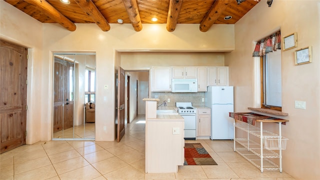 kitchen featuring beamed ceiling, white appliances, tasteful backsplash, wooden ceiling, and white cabinets