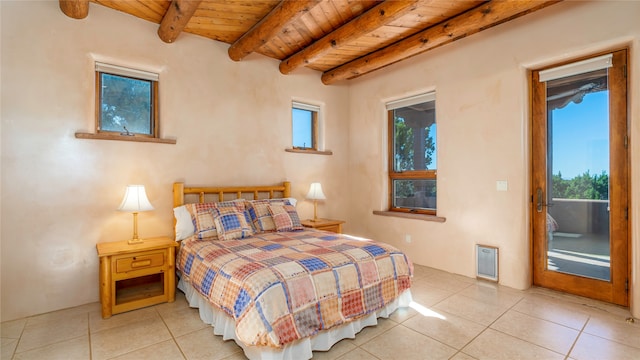 bedroom featuring wooden ceiling, beamed ceiling, access to outside, and light tile patterned floors