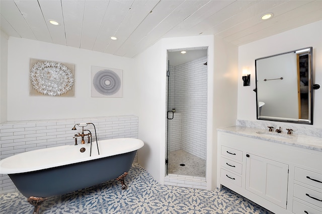 bathroom with wooden ceiling, vanity, and separate shower and tub