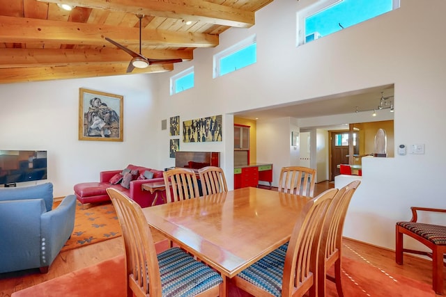 dining space with lofted ceiling with beams, wooden ceiling, a wealth of natural light, and hardwood / wood-style floors