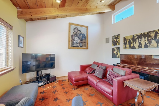 living room featuring wooden ceiling, visible vents, and lofted ceiling with beams