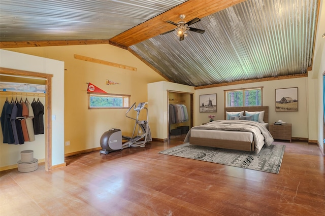 bedroom with lofted ceiling with beams and ceiling fan