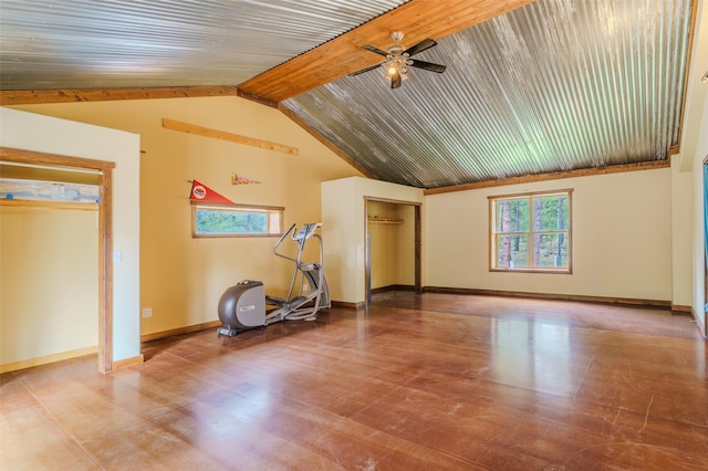 bonus room with vaulted ceiling with beams and ceiling fan