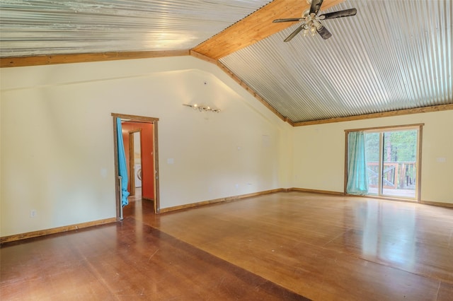 spare room with ceiling fan, lofted ceiling, and hardwood / wood-style flooring