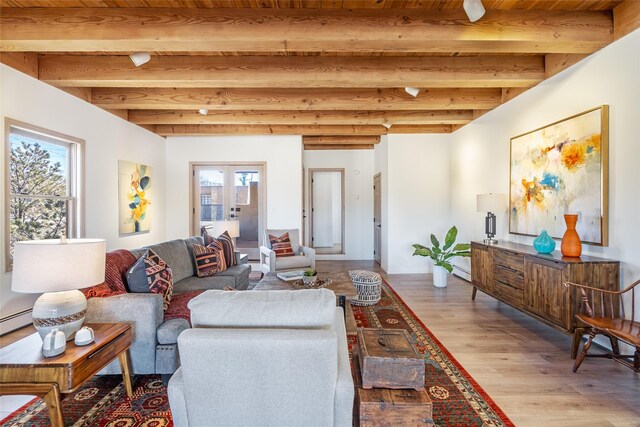 637 Alto St Unit A, Santa Fe, NM 87501 - living room featuring beam ceiling, a healthy amount of sunlight, and light wood-type flooring
