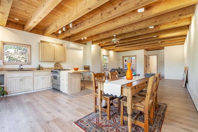 dining room featuring light hardwood / wood-style flooring, sink, beam ceiling, wooden ceiling, and a wall mounted AC