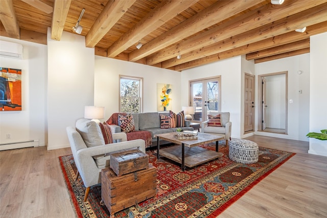 living room with french doors, light hardwood / wood-style flooring, wooden ceiling, a wall unit AC, and beam ceiling