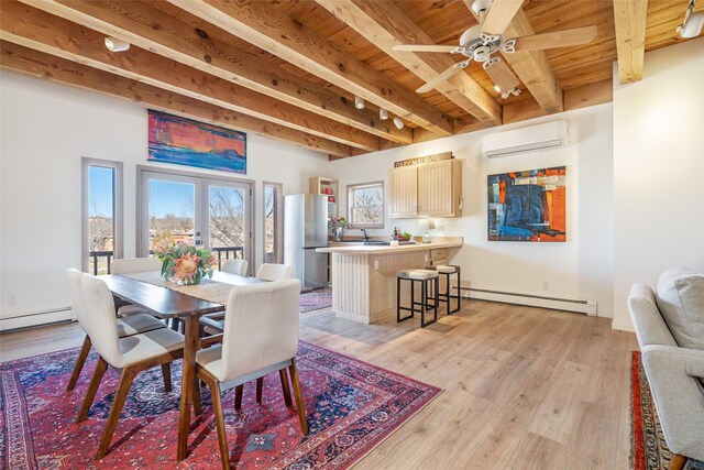 637 Alto St Unit A, Santa Fe, NM 87501 - dining room with an AC wall unit, wooden ceiling, baseboard heating, and beam ceiling