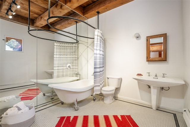 full bathroom featuring baseboard heating, plus walk in shower, wooden ceiling, toilet, and beamed ceiling