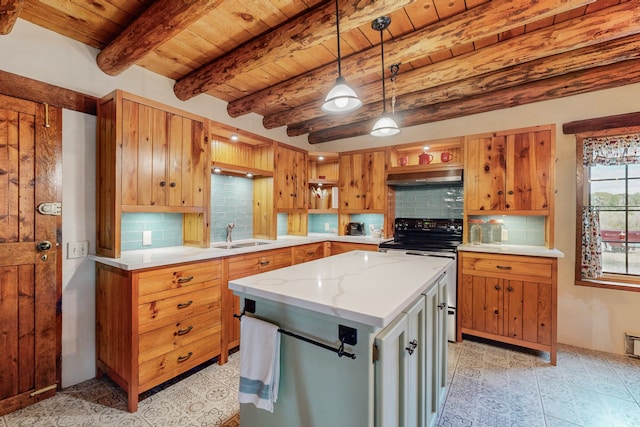 kitchen featuring wood ceiling, electric stove, decorative light fixtures, and tasteful backsplash