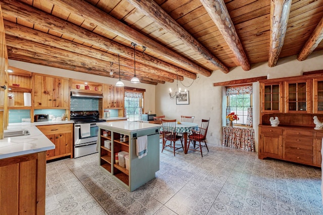 kitchen featuring decorative light fixtures, wooden ceiling, electric range, and a wealth of natural light