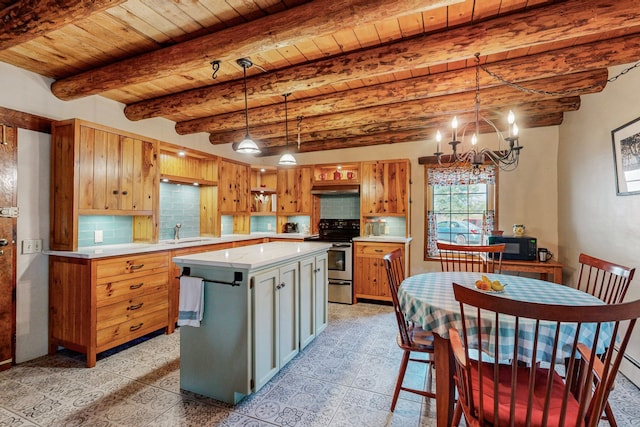 kitchen featuring a chandelier, a center island, stainless steel appliances, backsplash, and wooden ceiling