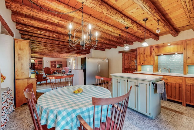 dining space with beamed ceiling, sink, a chandelier, and wooden ceiling