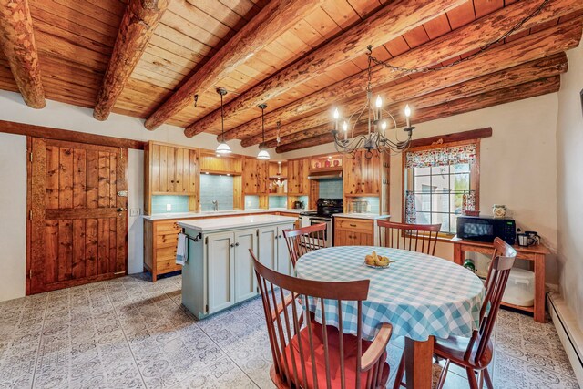 dining area featuring an inviting chandelier, a baseboard radiator, wood ceiling, and beam ceiling