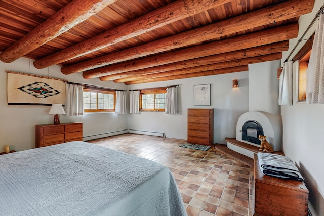 tiled bedroom featuring wood ceiling, beamed ceiling, and a baseboard radiator