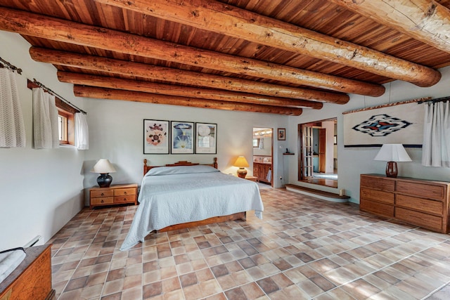 bedroom with wood ceiling, tile patterned flooring, and beamed ceiling