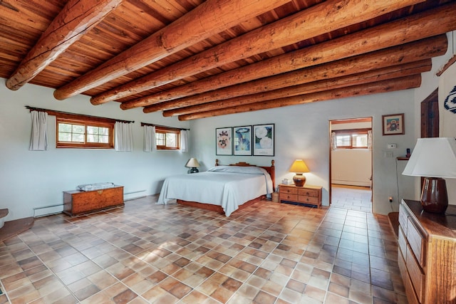 bedroom with beamed ceiling, a baseboard radiator, light tile patterned flooring, and wooden ceiling