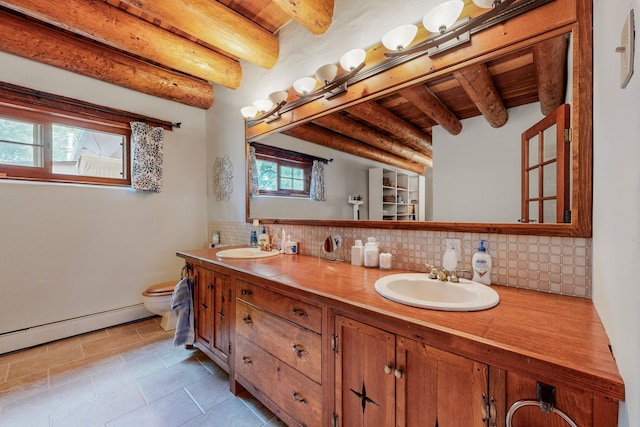 bathroom with vanity, wood ceiling, beam ceiling, backsplash, and toilet