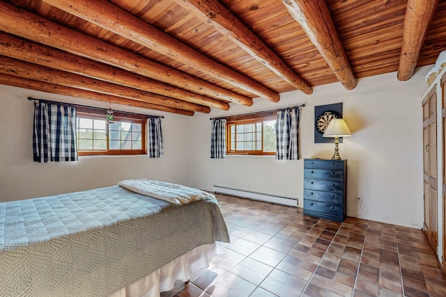 unfurnished bedroom featuring a baseboard radiator, wood ceiling, beam ceiling, and multiple windows