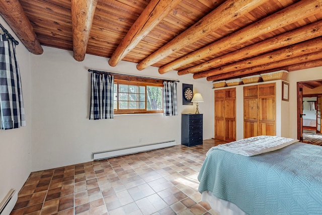 unfurnished bedroom with wood ceiling, baseboard heating, beamed ceiling, and tile patterned floors