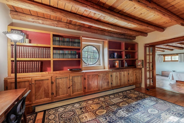 office area with beamed ceiling, wood ceiling, baseboard heating, and dark hardwood / wood-style flooring