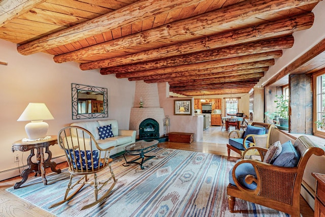 living room featuring light wood-type flooring, beam ceiling, and a wealth of natural light