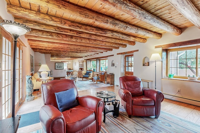 living room featuring a healthy amount of sunlight, beam ceiling, and light hardwood / wood-style flooring