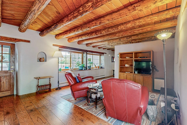 living room with wood ceiling, a baseboard heating unit, beamed ceiling, and hardwood / wood-style flooring