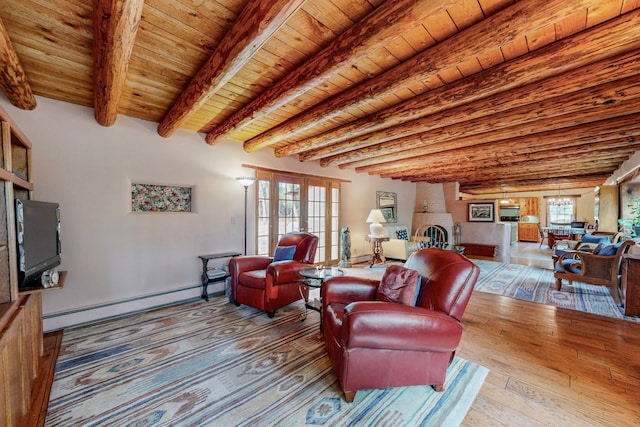 living room featuring light wood-type flooring, wood ceiling, and beamed ceiling