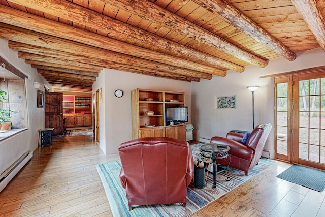 living room featuring wood-type flooring, beamed ceiling, a baseboard heating unit, and wooden ceiling