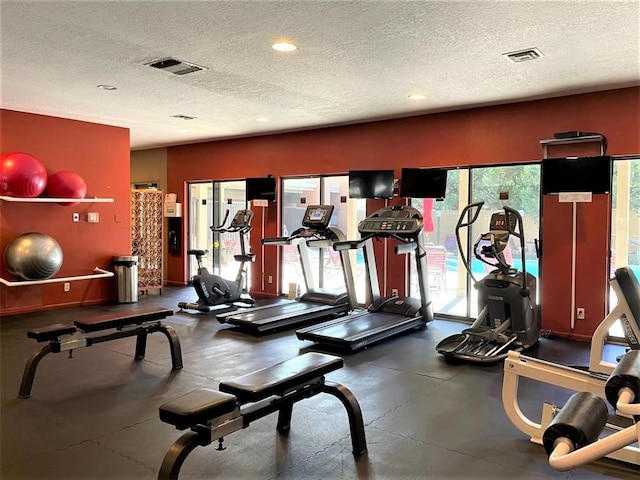 workout area featuring a textured ceiling and a healthy amount of sunlight