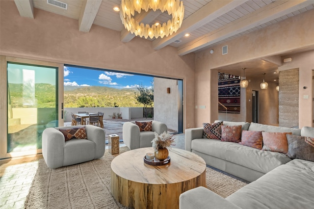 living room featuring wood ceiling and beam ceiling