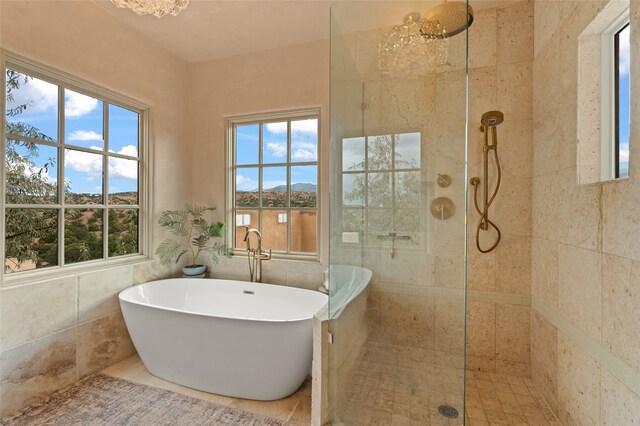 bathroom featuring a healthy amount of sunlight, tile walls, and separate shower and tub