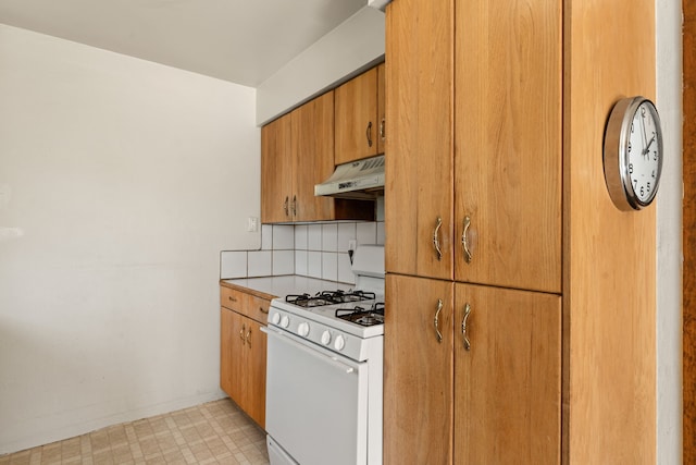 kitchen featuring premium range hood, white range with gas cooktop, and tasteful backsplash