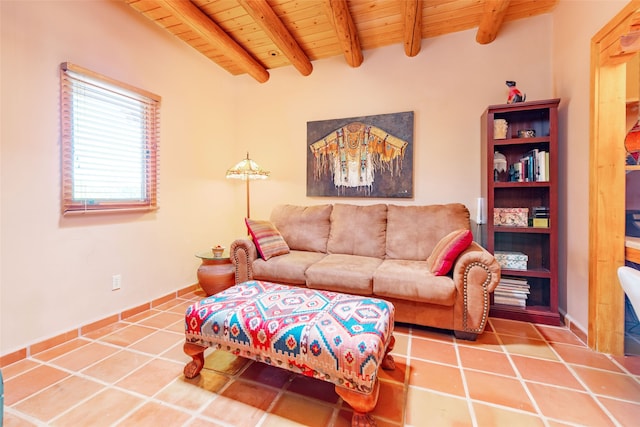 living room featuring wooden ceiling, tile patterned flooring, and beam ceiling