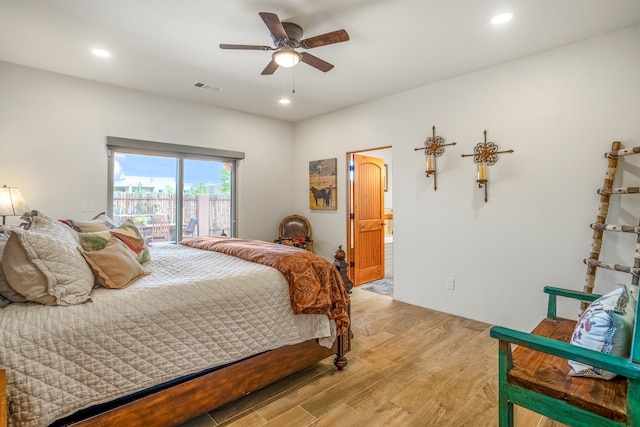 bedroom featuring recessed lighting, visible vents, light wood-style floors, ceiling fan, and access to outside