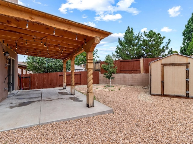 view of yard with a patio area, a storage unit, an outbuilding, and a fenced backyard