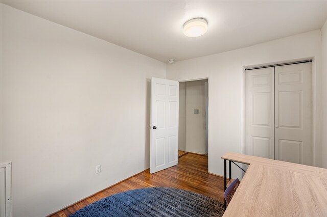 bedroom with wood-type flooring and a closet