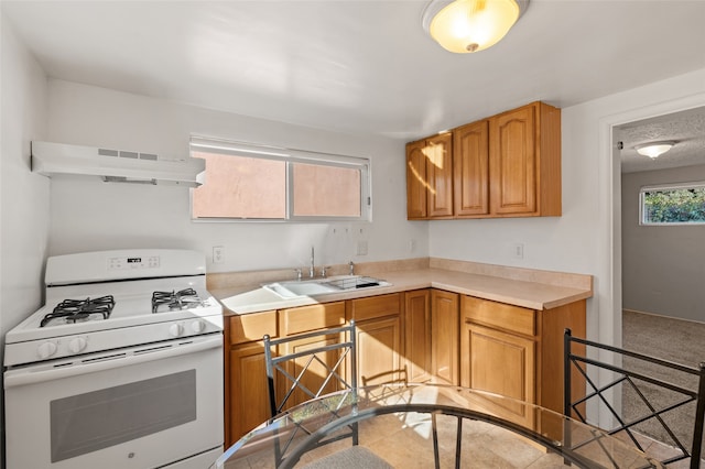 kitchen featuring sink, range hood, and white gas range oven