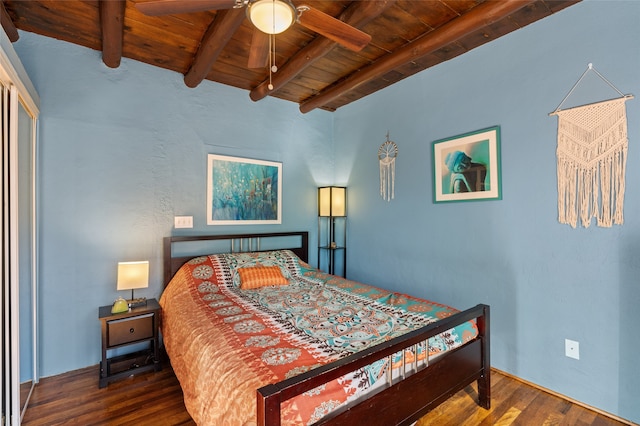 bedroom with wood ceiling, beam ceiling, hardwood / wood-style floors, and ceiling fan