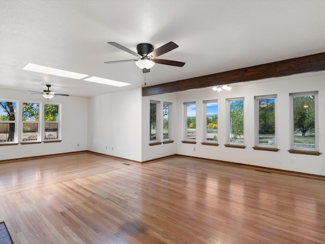 unfurnished living room with hardwood / wood-style floors, a skylight, and ceiling fan