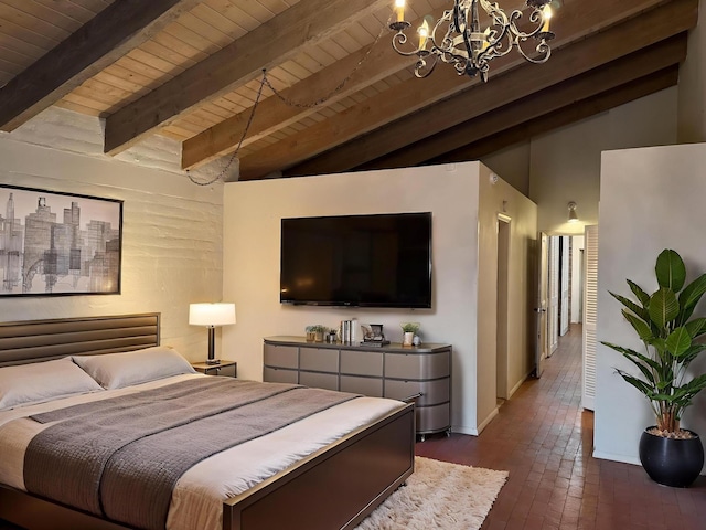 1017 River Rd, Santa Rosa, NM 88435 - bedroom with wooden ceiling, a chandelier, and brick flooring