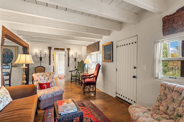 living room with wood-type flooring and beamed ceiling