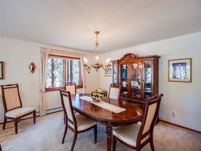 dining space featuring an inviting chandelier, light carpet, and a baseboard radiator