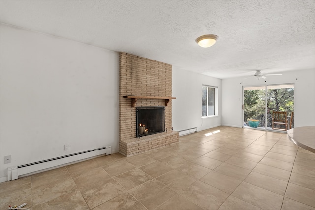 unfurnished living room featuring a textured ceiling, a fireplace, baseboard heating, and ceiling fan