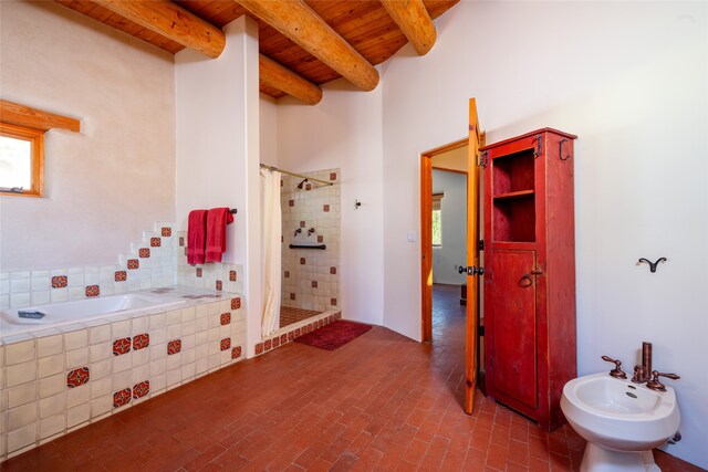 bathroom featuring wooden ceiling, beam ceiling, separate shower and tub, and a bidet