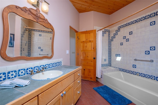 bathroom with vanity, wood ceiling, shower / bathtub combination with curtain, and decorative backsplash