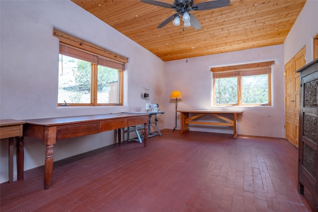 miscellaneous room featuring wood ceiling, ceiling fan, and plenty of natural light